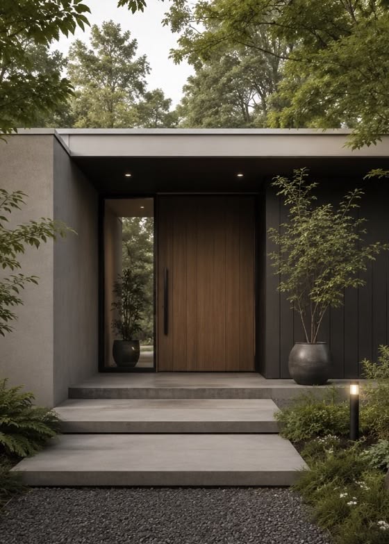 Entrée de maison contemporaine avec porte en bois et végétation