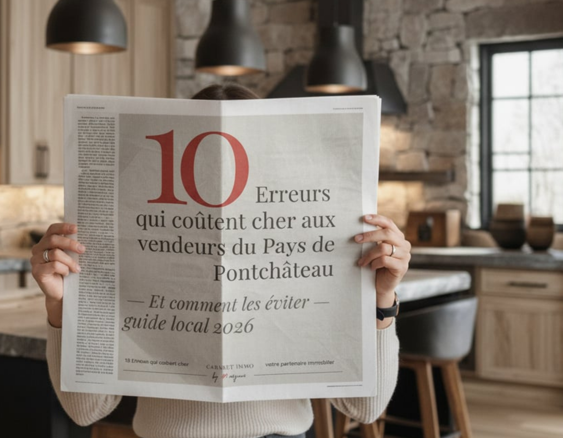 Une lectrice tenant un journal titré 10 erreurs qui coûtent cher aux vendeurs