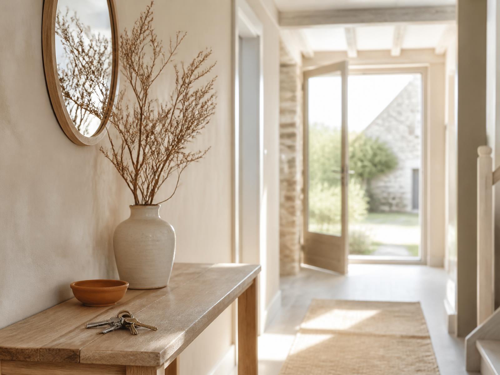 Trousseau de clés posé sur une table en bois clair, lumière douce